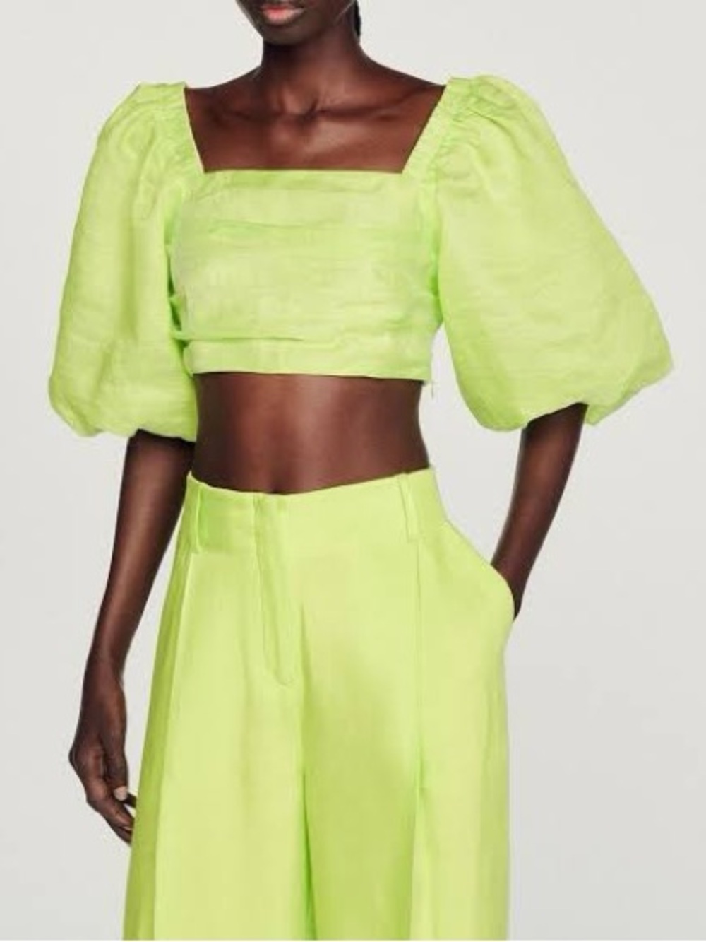 Sandro Lime Green Puff-Sleeve Cropped Square-Neck Top